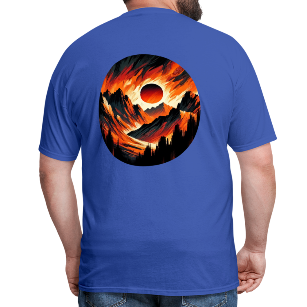 Orange and Black Mountain Range Unisex Classic T-Shirt with Logo - royal blue