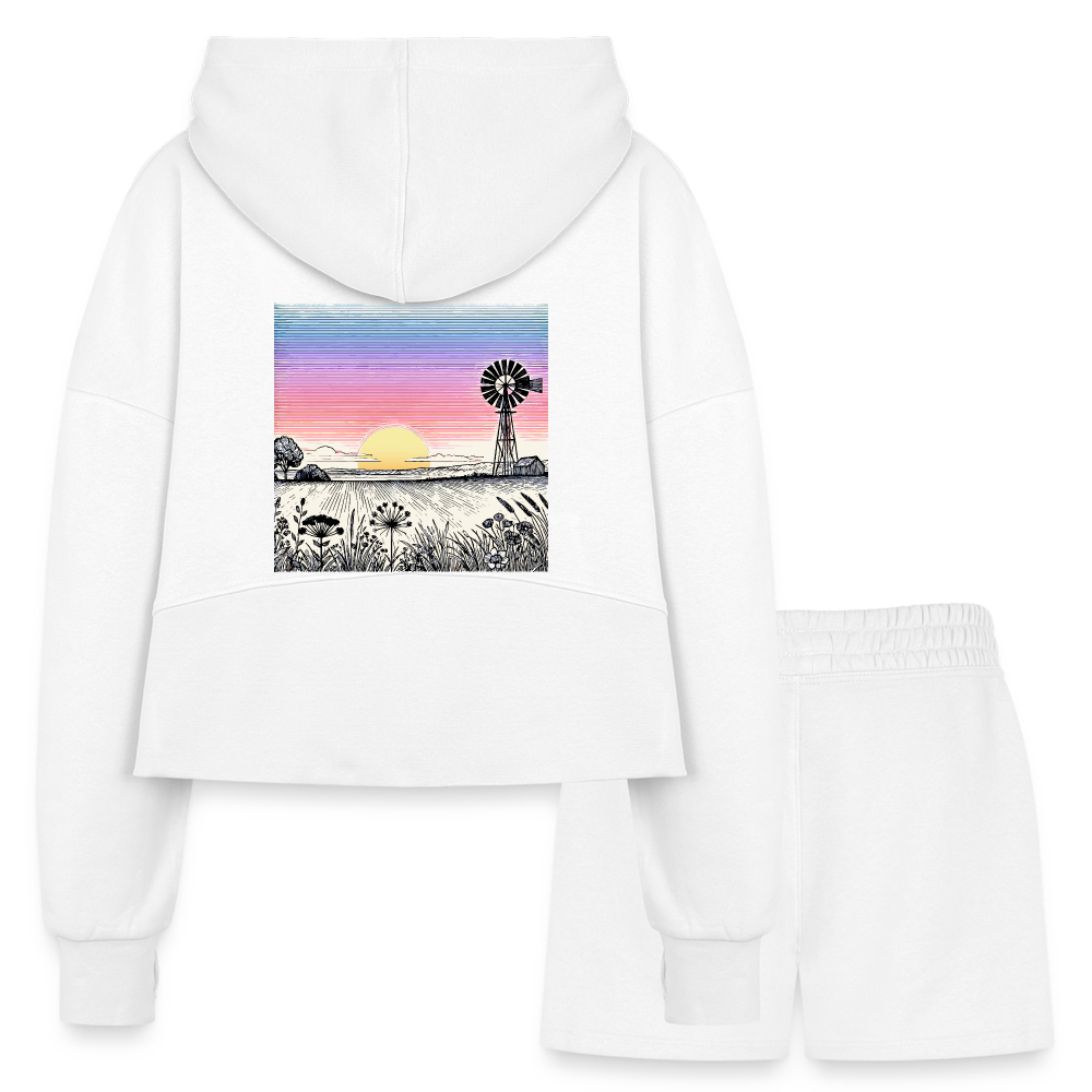 Women’s Colored Prairie Landscape Graphic Half Zip Cropped Hoodie & Jogger Short Set with Logo - white