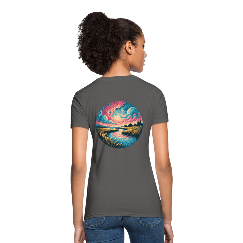 Women's River Pink and Blue Sky T-Shirt with Logo - charcoal