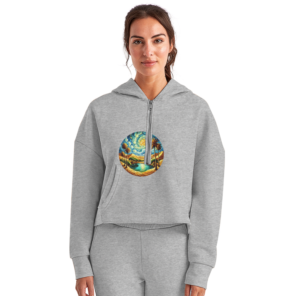 Women's Desert Oasis Graphic Half Zip Cropped Hoodie with Logo - heather gray