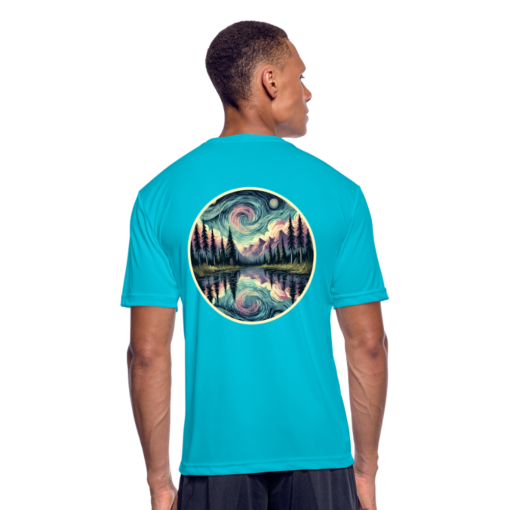 Men’s Purple Swirling Sky Reflected on Lake Graphic Moisture Wicking Performance T-Shirt with Logo - turquoise