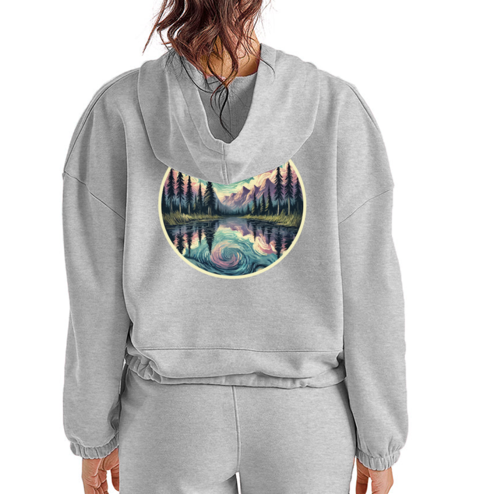 Women’s Purple Swirling Sky Reflected on Lake Graphic Cropped Hoodie with Logo - heather gray