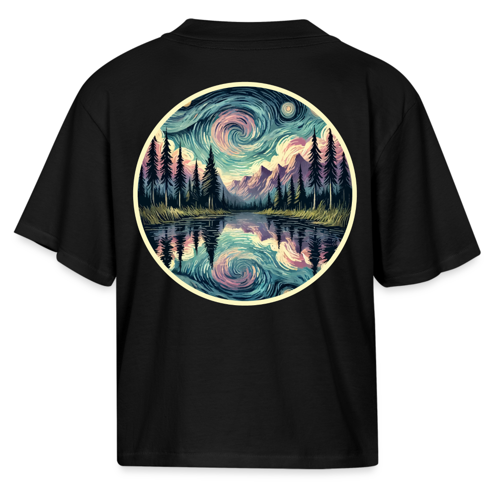 Women's Purple Swirling Sky Reflected on Lake Graphic Boxy Tee with Logo - black