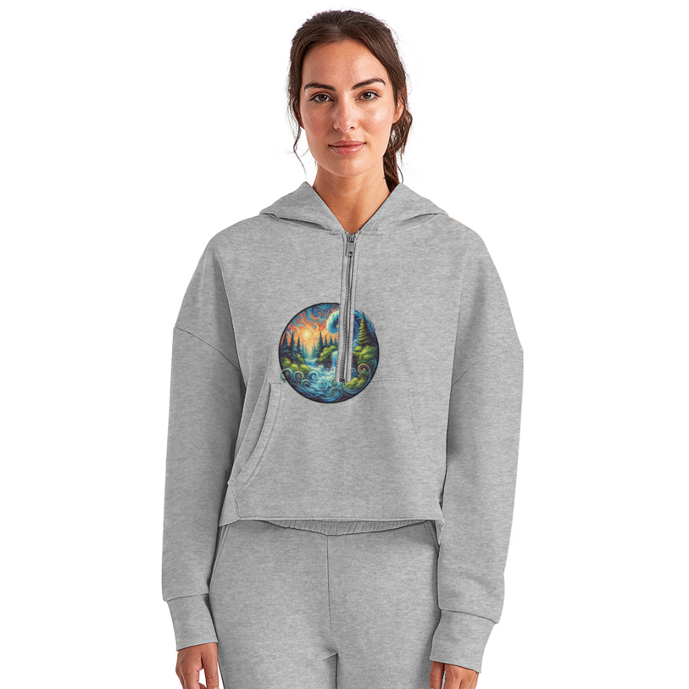 Women's Waterfall Graphic Half Zip Cropped Hoodie with Logo - heather gray