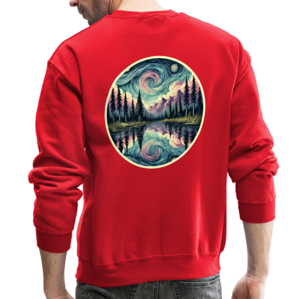 Purple Swirling Sky Reflected on Lake Graphic Crewneck Sweatshirt with Logo - red