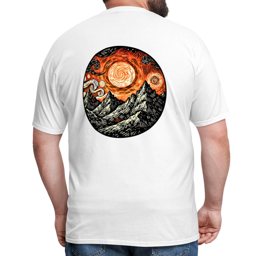 Orange Swirling Mountains Graphic Unisex Classic T-Shirt with Logo - white