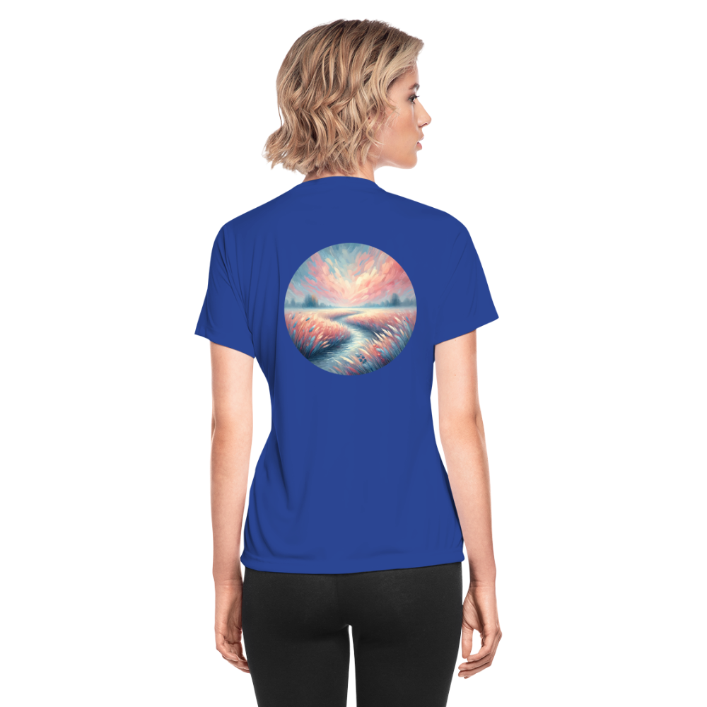 Women's River Meadow Graphic Moisture Wicking Performance T-Shirt with Logo - royal blue