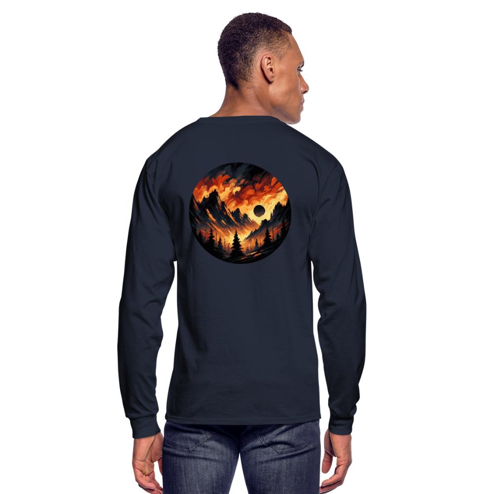 Men's Brushed Orange and Black Mountain Range Graphic Long Sleeve Shirt with Logo - navy