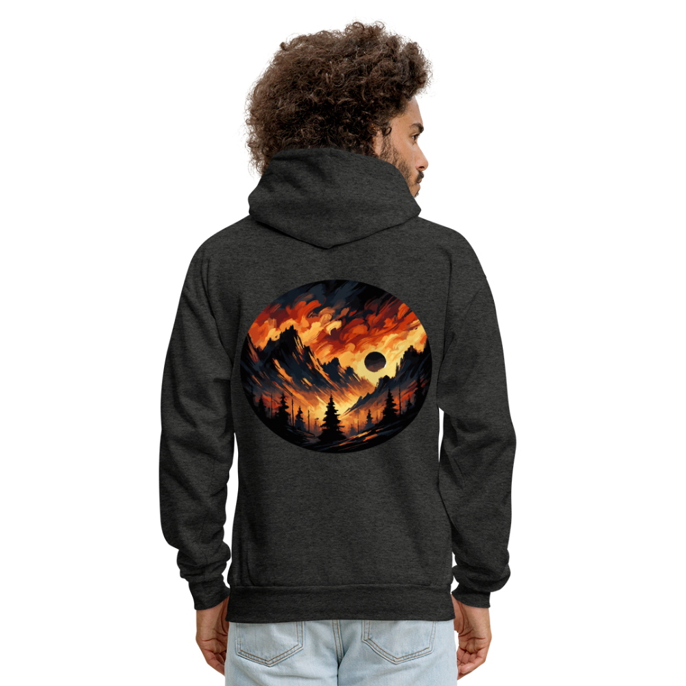 Men's Brushed Orange and Black Mountain Range Graphic Hoodie with Logo - charcoal grey