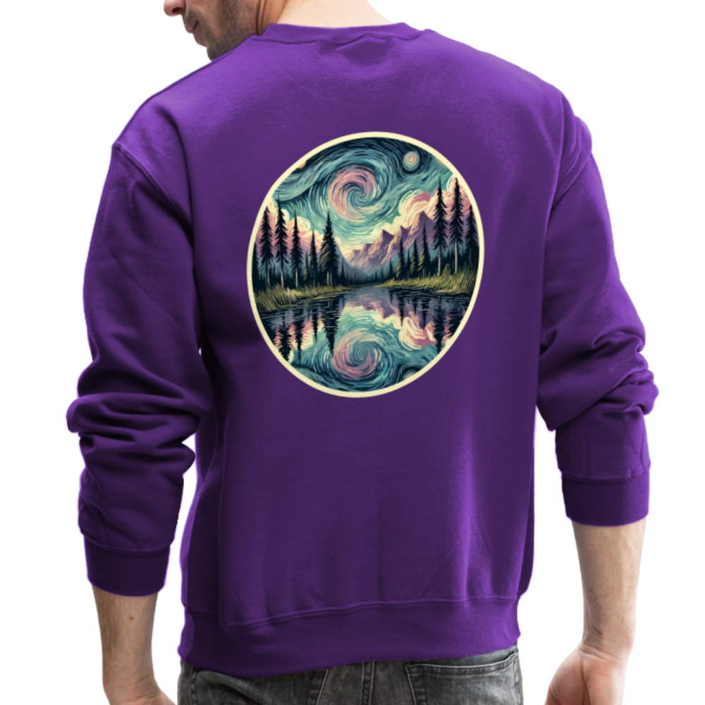 Purple Swirling Sky Reflected on Lake Graphic Crewneck Sweatshirt with Logo - purple