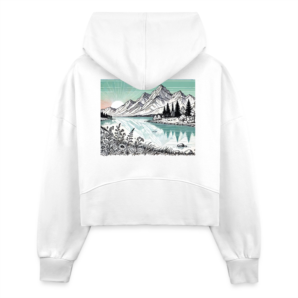 Women's Colored Mountain Lake Landscape Graphic Half Zip Cropped Hoodie with Logo - white