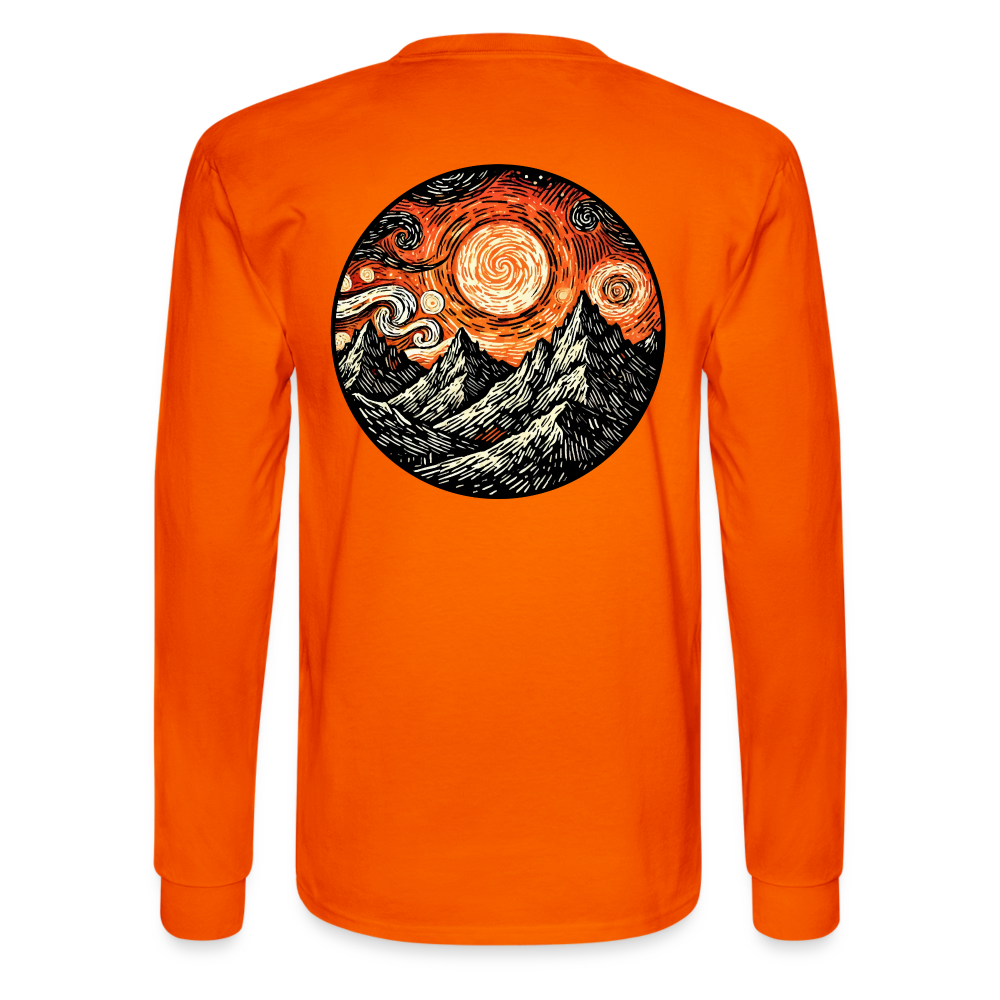 Men's Orange Swirling Mountains Graphic Long Sleeve Shirt with Logo - orange