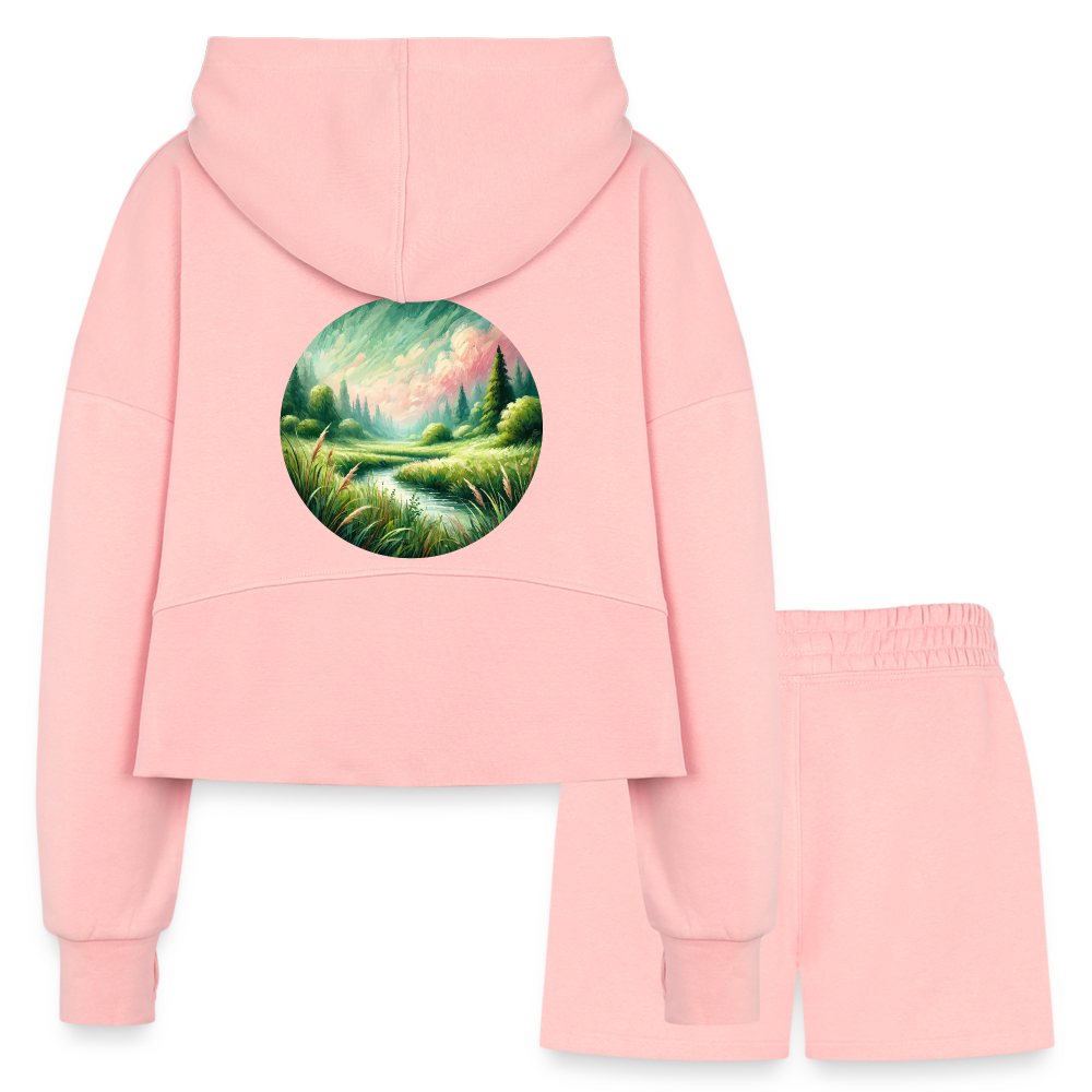 Women’s Meadow Graphic Half Zip Cropped Hoodie & Jogger Short Set with Logo - light pink