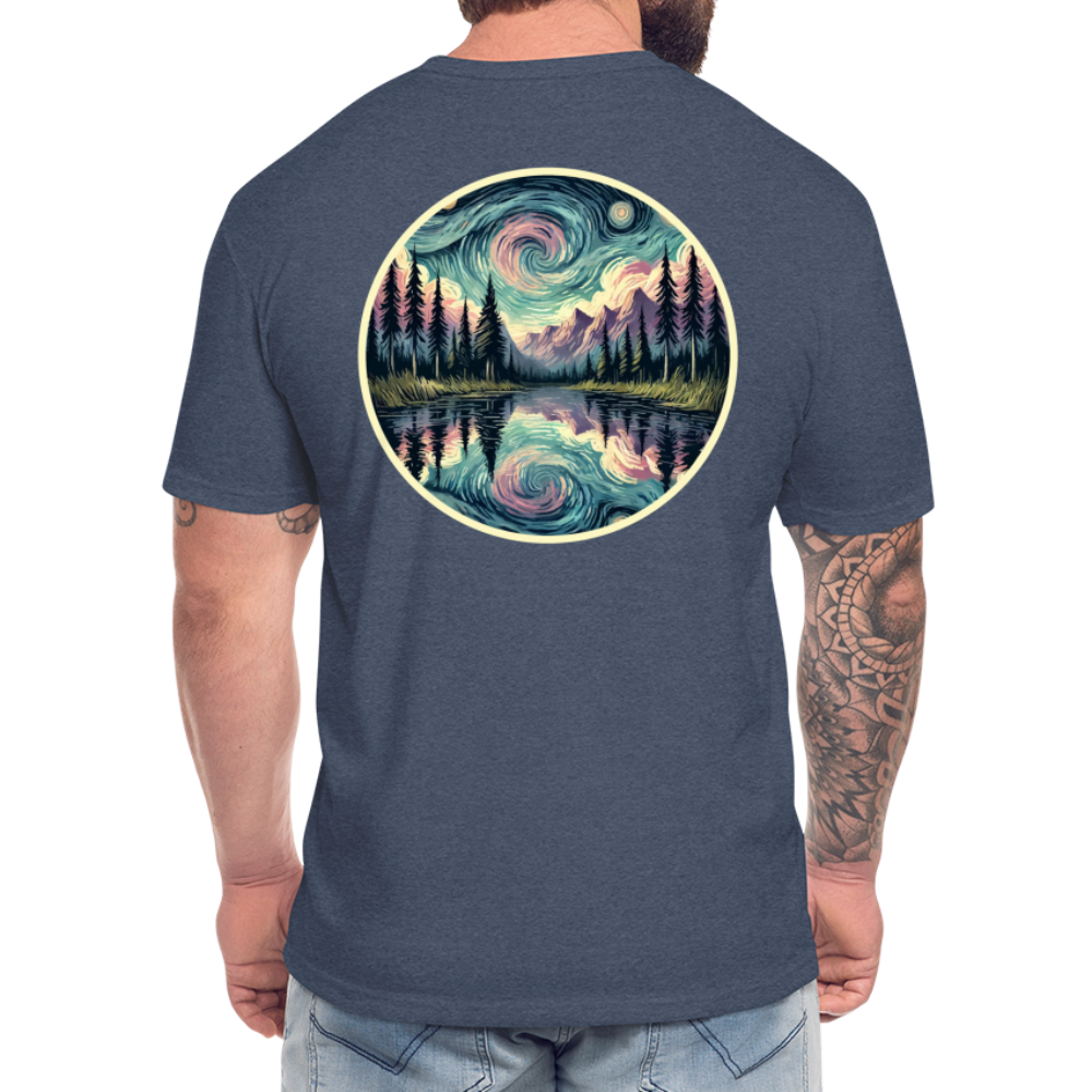 Purple Swirling Sky Reflected on Lake Graphic Unisex Fitted Cotton/Poly T-Shirt with Logo - heather navy