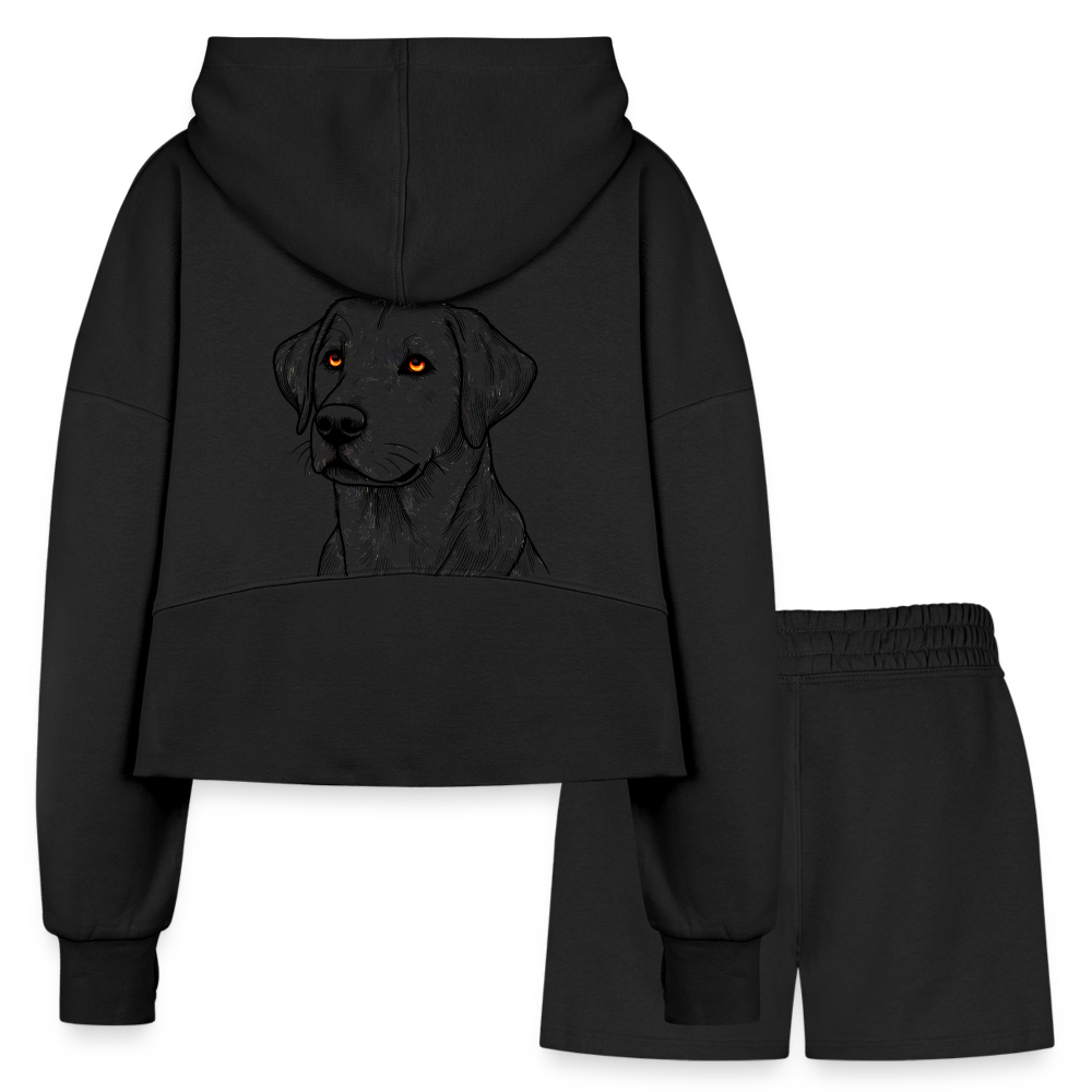 Women’s Fine Line Labrador Graphic Half Zip Cropped Hoodie & Jogger Short Set with Logo - black