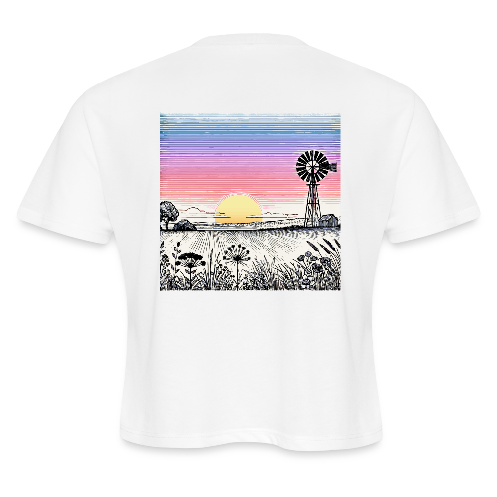 Women's Colored Prairie Landscape Graphic Cropped T-Shirt with Logo - white