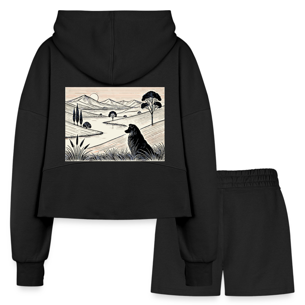 Women’s Australian Shepherd Prairie Graphic Half Zip Cropped Hoodie & Jogger Short Set with Logo - black