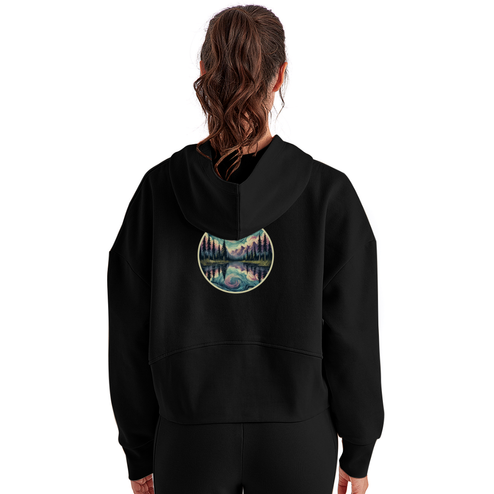 Women's Purple Swirling Sky Reflected on Lake Graphic Half Zip Cropped Hoodie with Logo - black