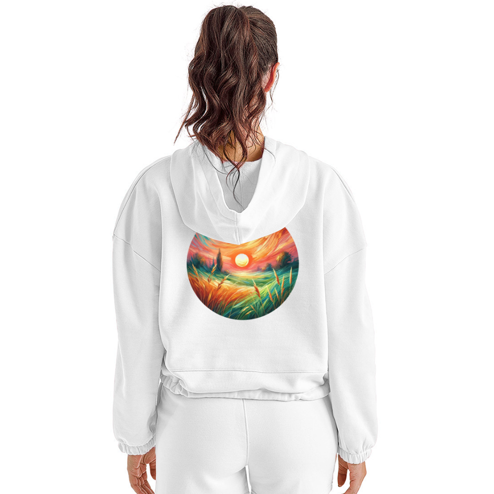 Women’s Pink Wheat Field Graphic Cropped Hoodie with Logo - white