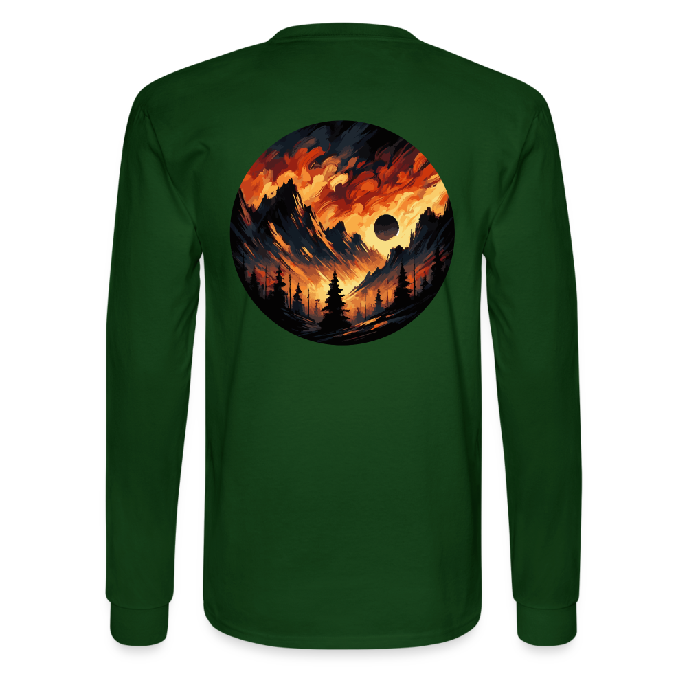 Men's Brushed Orange and Black Mountain Range Graphic Long Sleeve Shirt with Logo - forest green