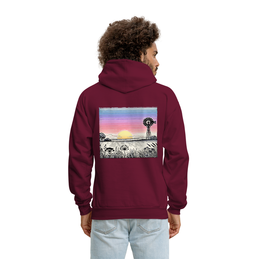 Men's Colored Prairie Landscape Graphic Hoodie with Logo - burgundy