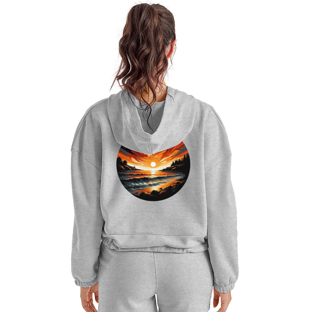 Women’s Beach Sunset Graphic Cropped Hoodie with Logo - heather gray