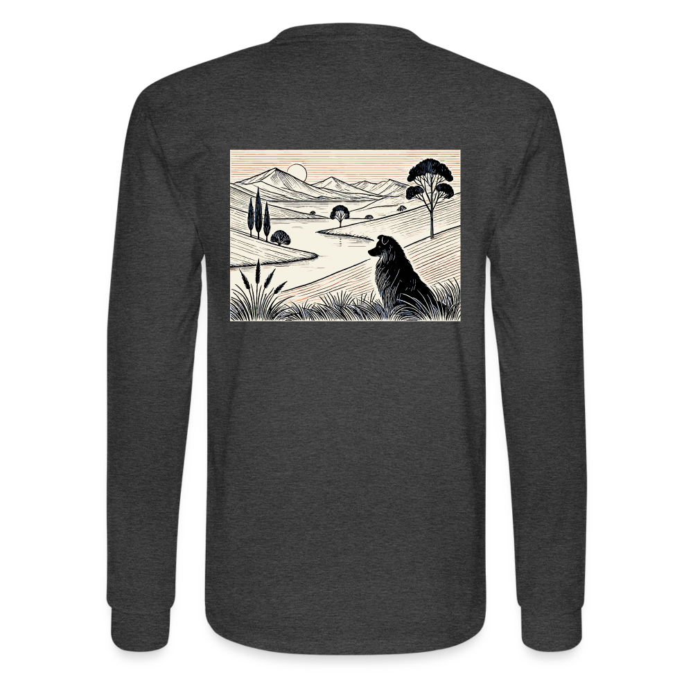 Men's Australian Shepherd Prairie Graphic Long Sleeve Shirt with Logo - heather black