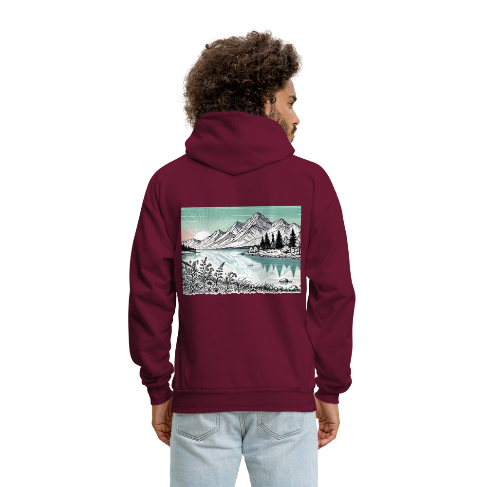 Men's Colored Mountain Lake Landscape Graphic Hoodie with Logo - burgundy