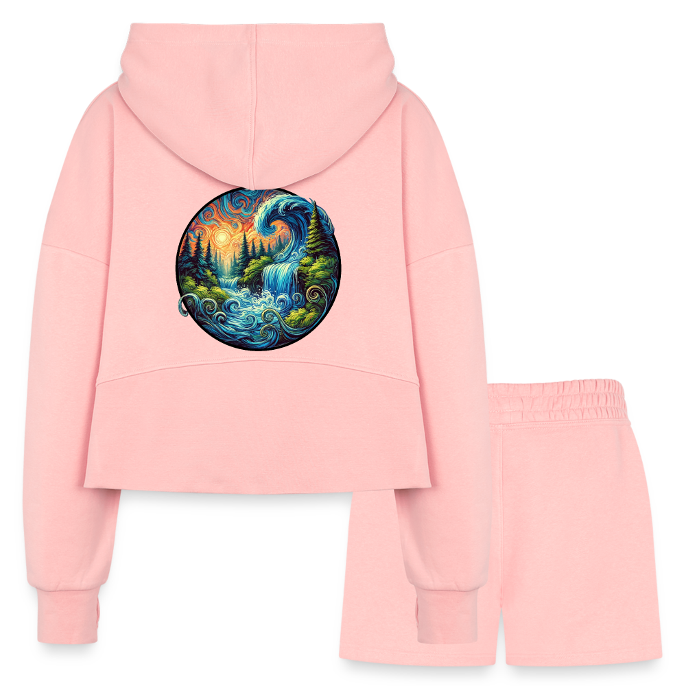 Women’s Waterfall Graphic Half Zip Cropped Hoodie & Jogger Short Set with Logo - light pink