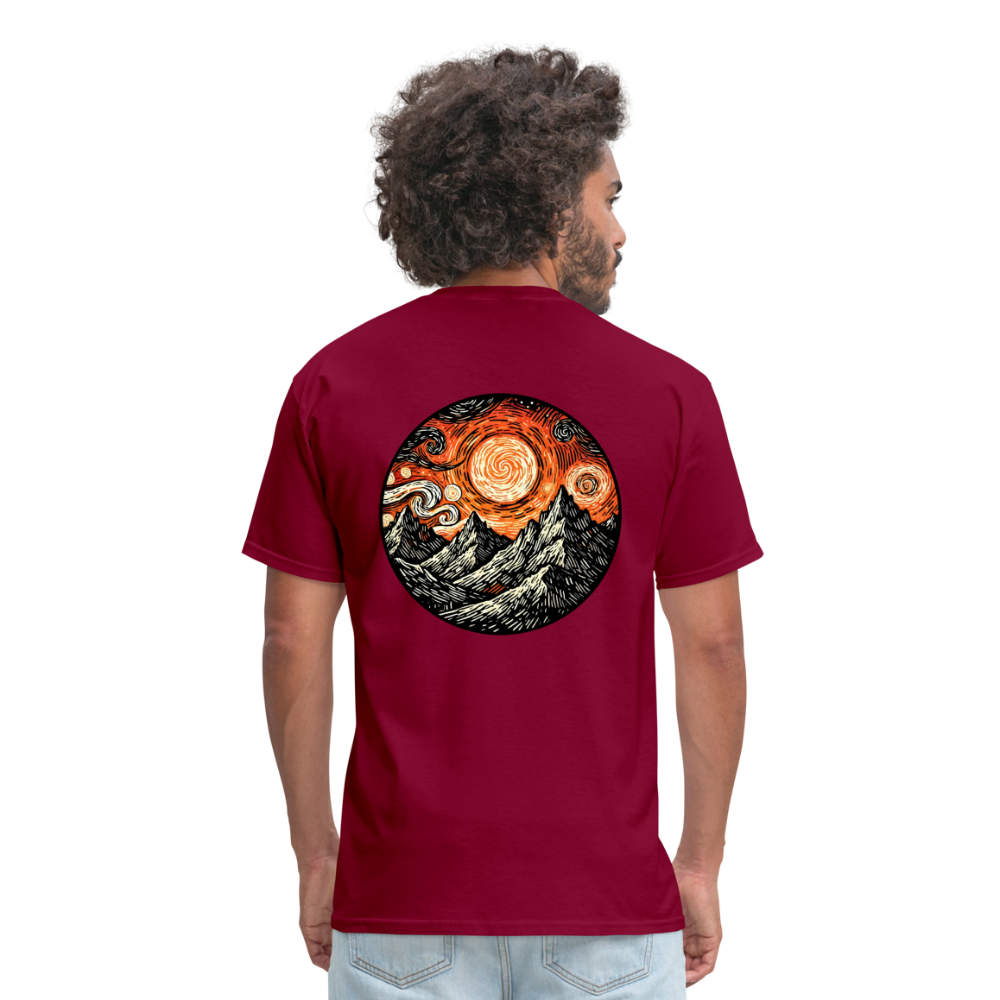 Orange Swirling Mountains Graphic Unisex Classic T-Shirt with Logo - burgundy