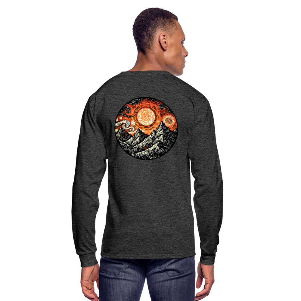 Men's Orange Swirling Mountains Graphic Long Sleeve Shirt with Logo - heather black