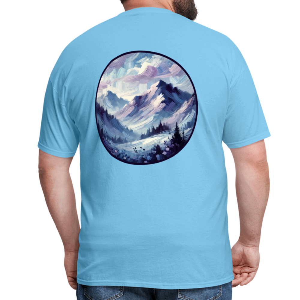 Lavender Blue Mountain Range Unisex Classic T-Shirt with Logo - aquatic blue