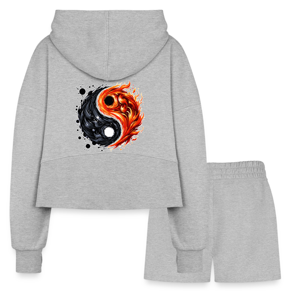 Women’s Official Ink and Ember  Yin and Yang Half Zip Cropped Hoodie & Jogger Short Set with Logo - heather gray