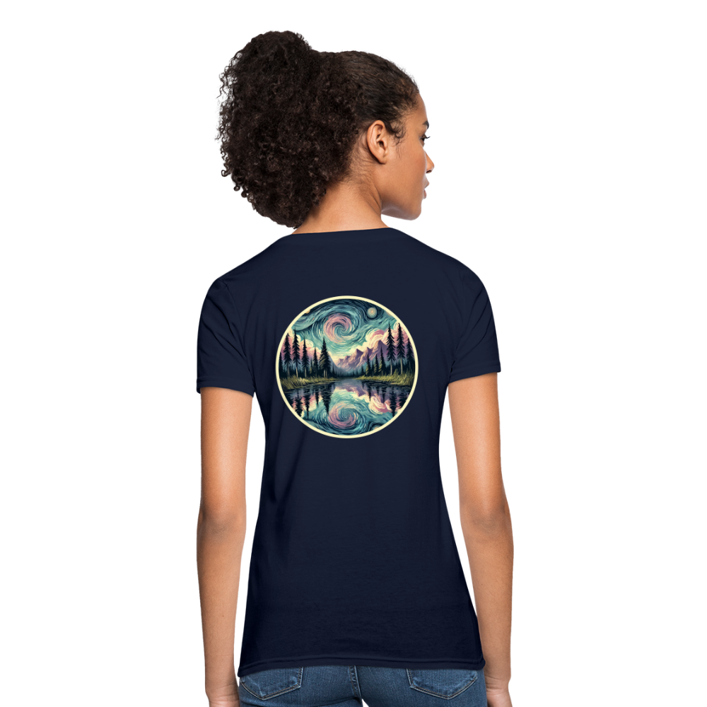 Women's Purple Swirling Sky Reflected on Lake Graphic T-Shirt with Logo - navy