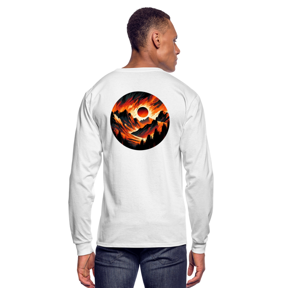 Men's Orange and Black Mountain Range Graphic Long Sleeve Shirt with Logo - white