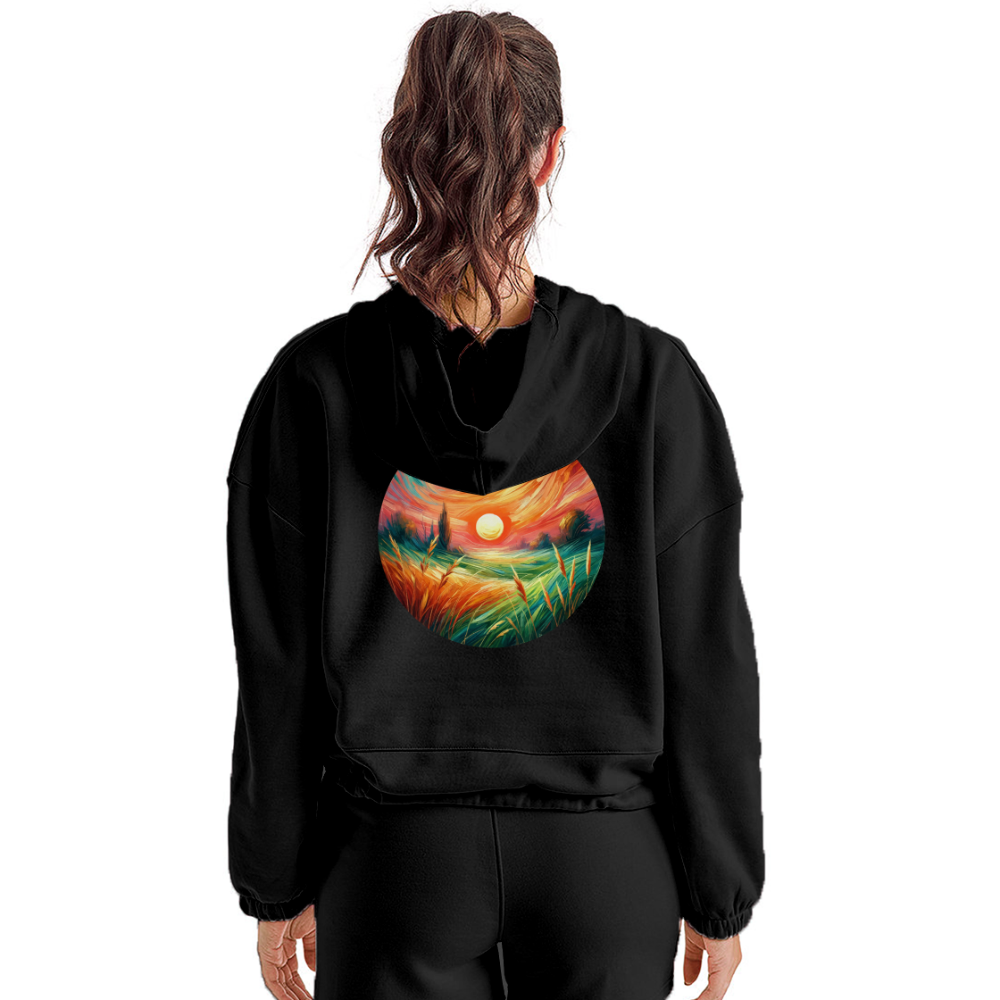 Women’s Pink Wheat Field Graphic Cropped Hoodie with Logo - black