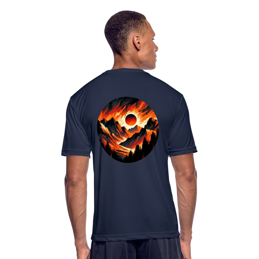 Men’s Orange and Black Mountain Range Graphic Moisture Wicking Performance T-Shirt with Logo - navy