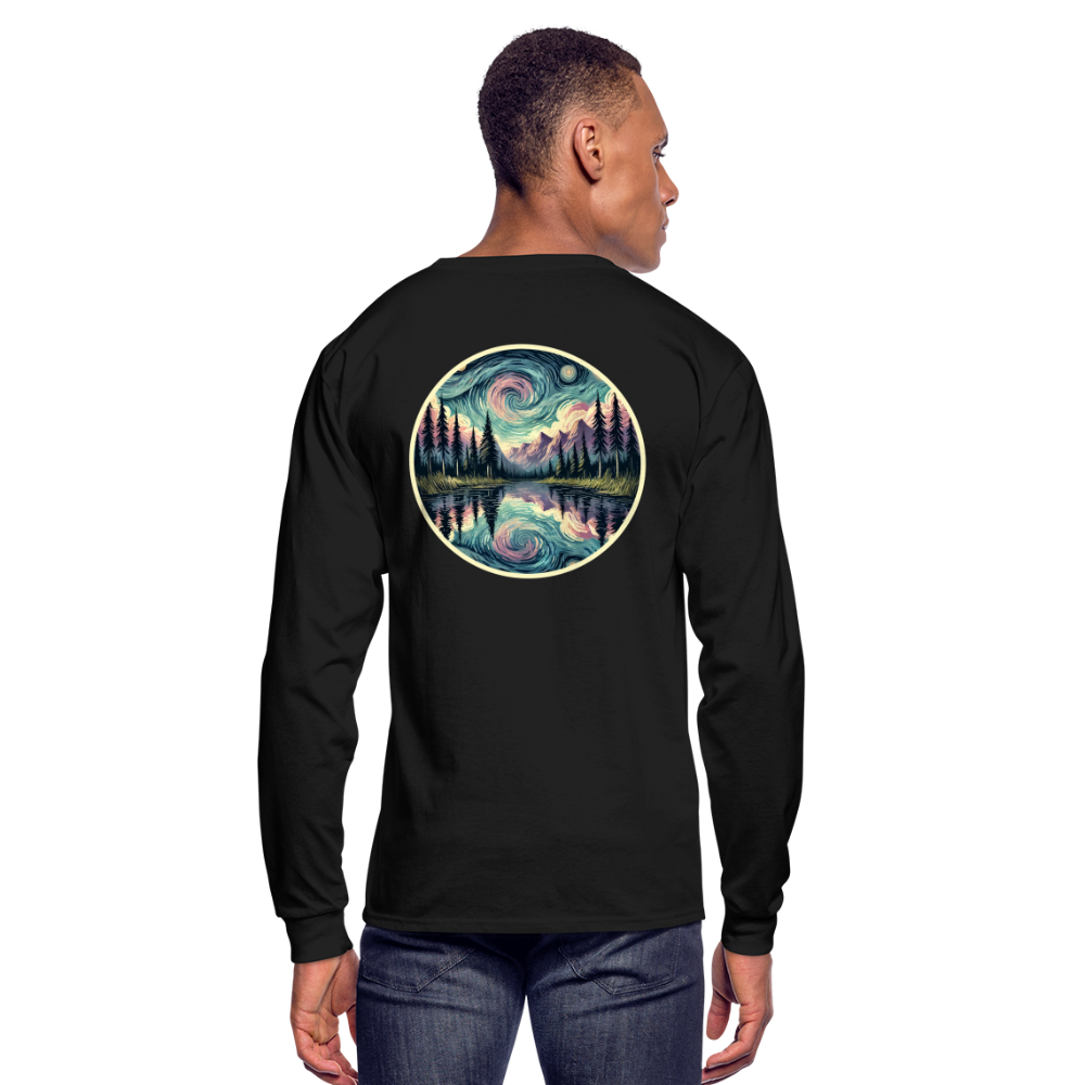 Men's Purple Swirling Sky Reflected on Lake Graphic Long Sleeve Shirt with Logo - black