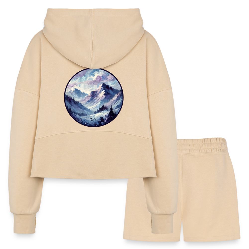 Women’s Lavender Blue Mountain Range Graphic Half Zip Cropped Hoodie & Jogger Short Set with Logo - nude