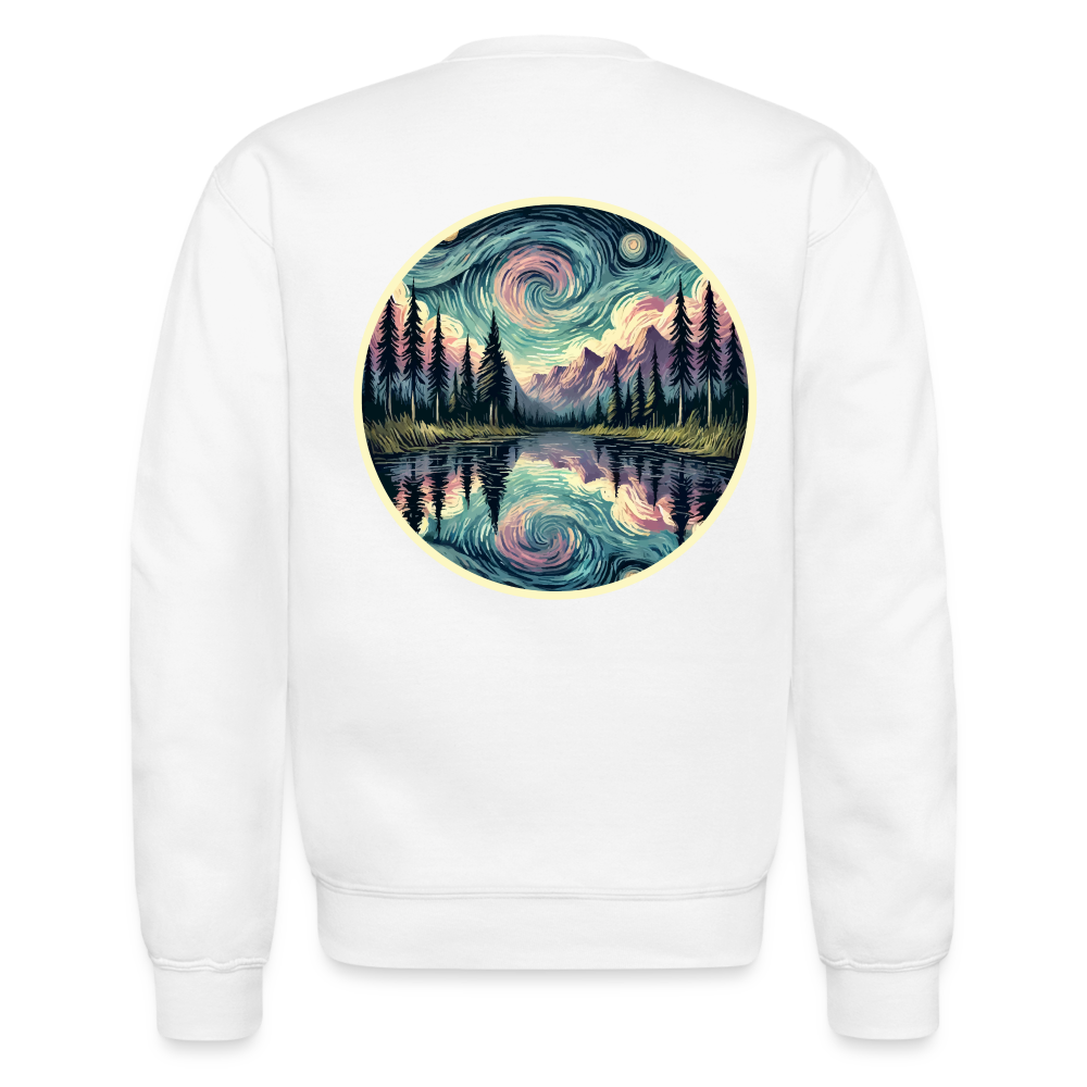 Purple Swirling Sky Reflected on Lake Graphic Crewneck Sweatshirt with Logo - white