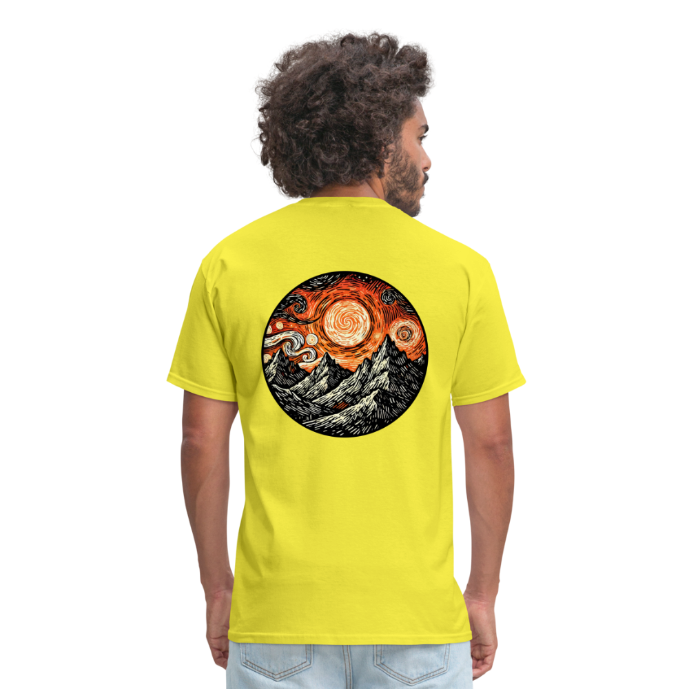 Orange Swirling Mountains Graphic Unisex Classic T-Shirt with Logo - yellow