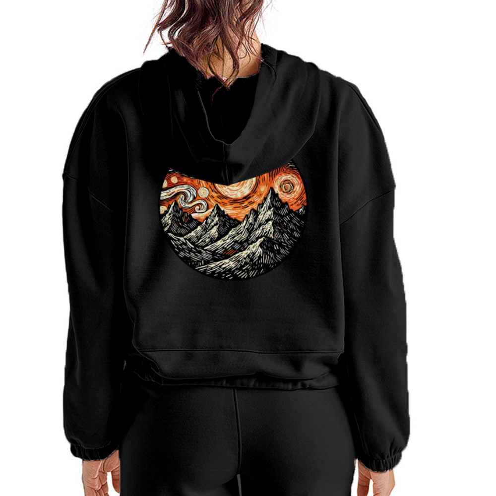 Women’s Orange Swirling Mountains Graphic Cropped Hoodie with Logo - black