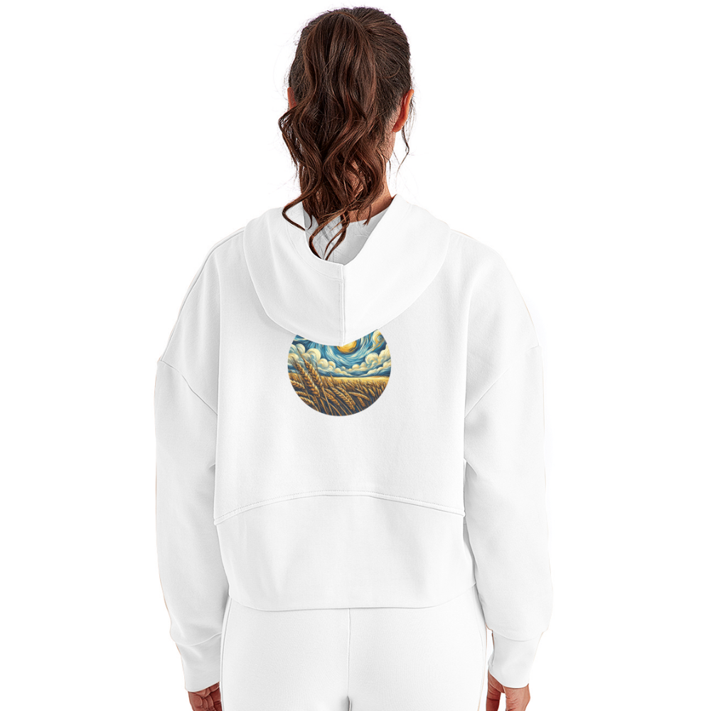 Women's Wheat Field Graphic Half Zip Cropped Hoodie with Logo - white