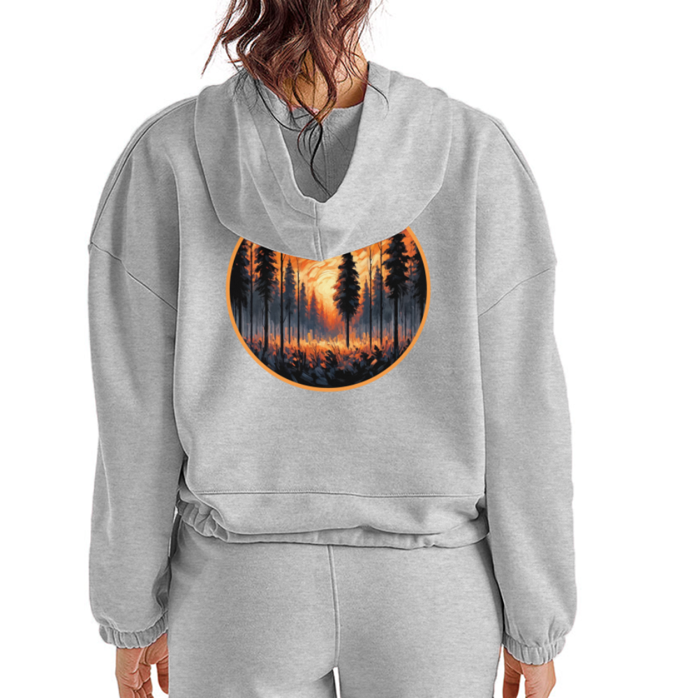 Women’s Orange Forest Sunset Graphic Cropped Hoodie with Logo - heather gray