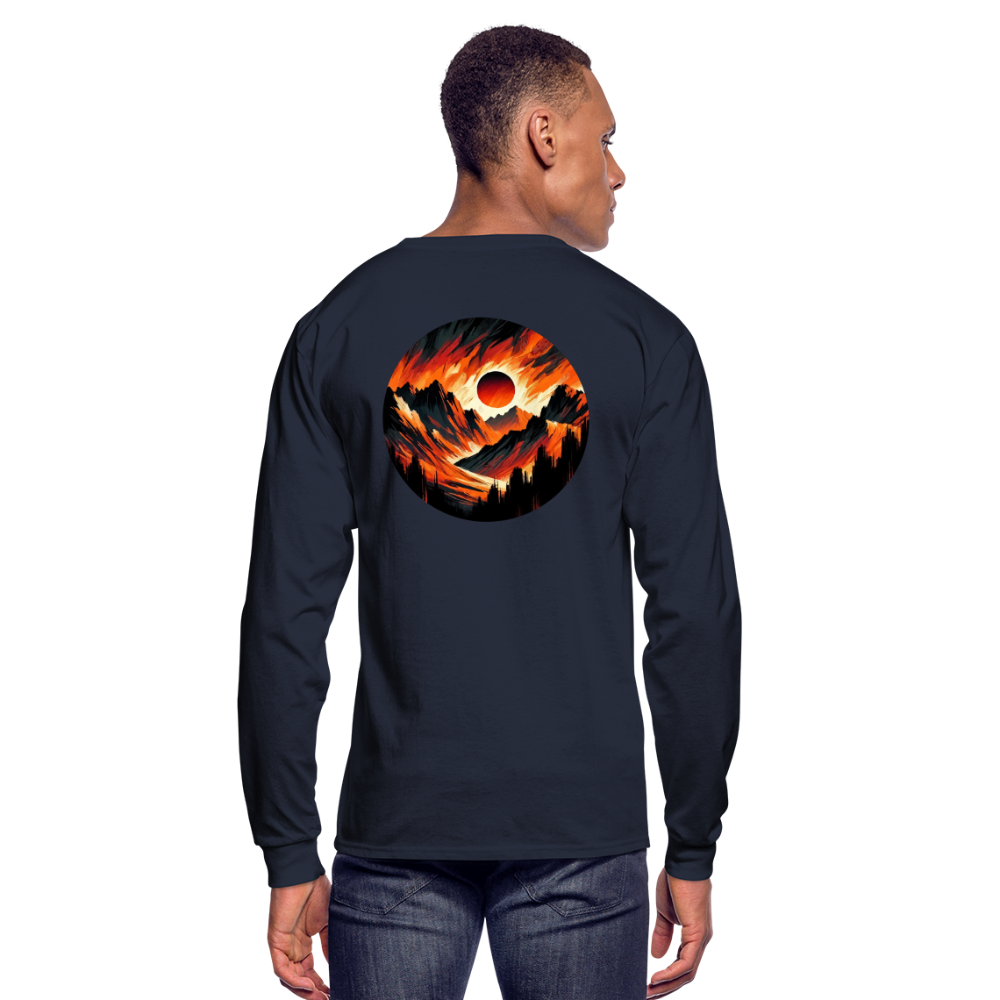 Men's Orange and Black Mountain Range Graphic Long Sleeve Shirt with Logo - navy