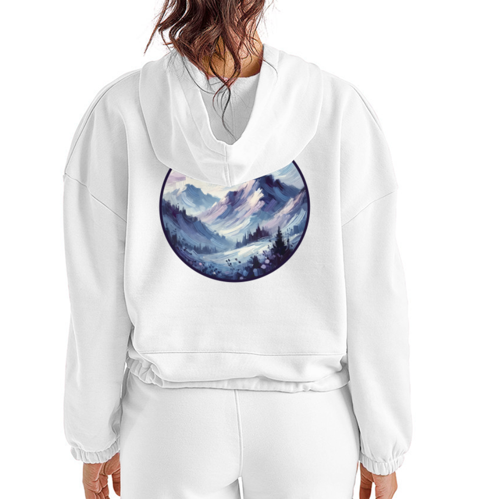 Women’s Lavender Blue Mountain Range Graphic Cropped Hoodie with Logo - white