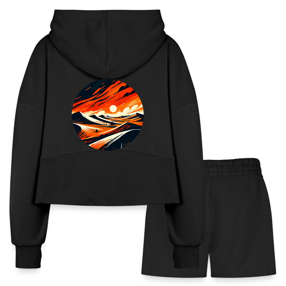 Women’s Desert Dunes Graphic Half Zip Cropped Hoodie & Jogger Short Set with Logo - black