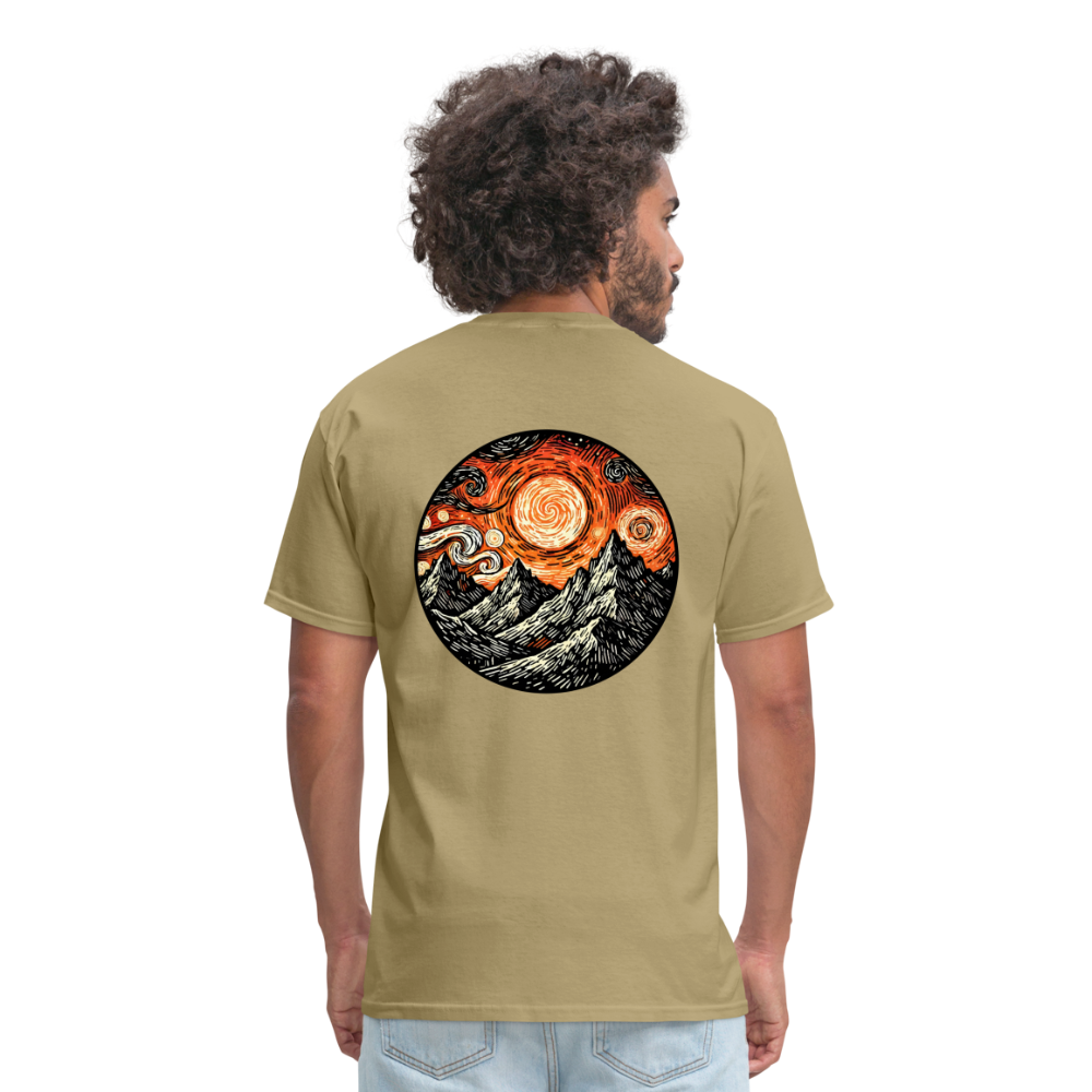 Orange Swirling Mountains Graphic Unisex Classic T-Shirt with Logo - khaki