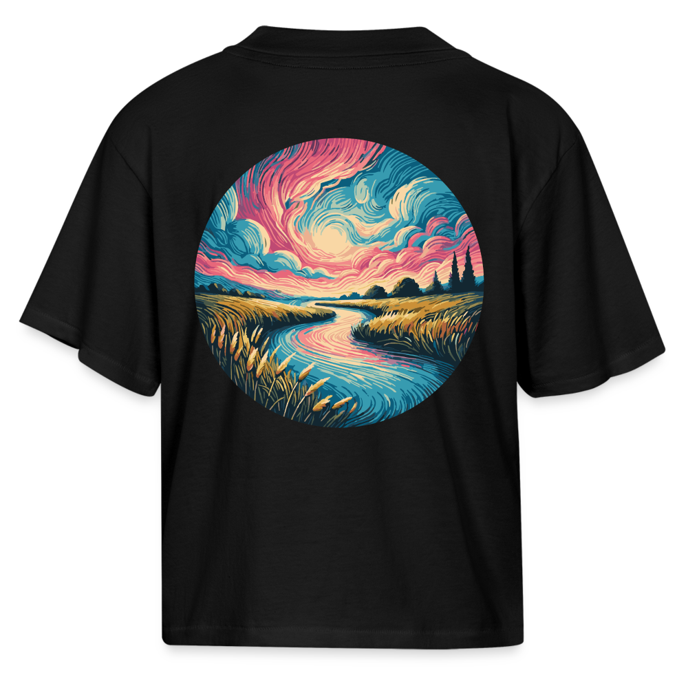 Women's River Pink and Blue Sky Graphic Boxy Tee with Logo - black