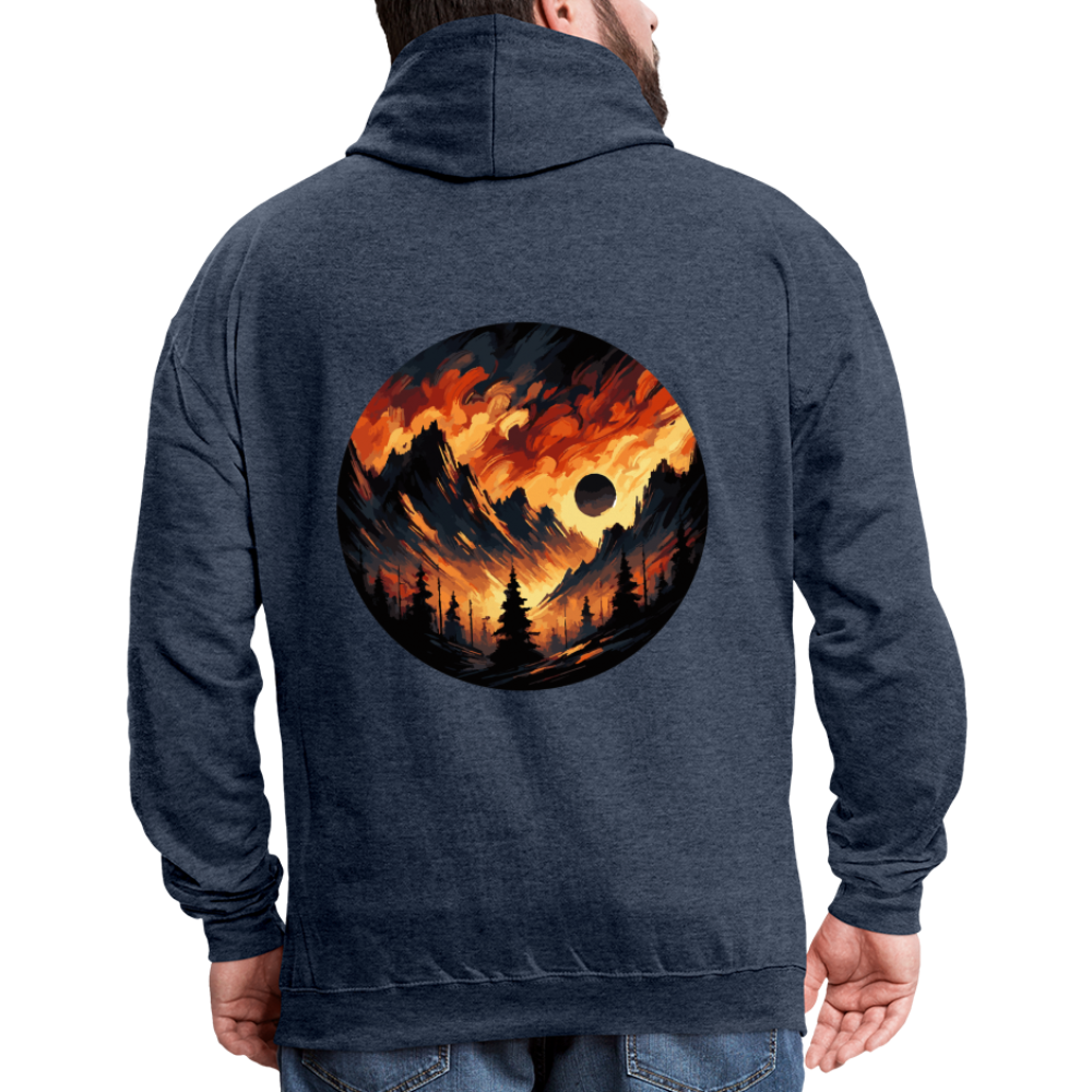 Brushed Orange and Black Mountain Range Graphic Unisex Contrast Hoodie with Logo - indigo heather/asphalt